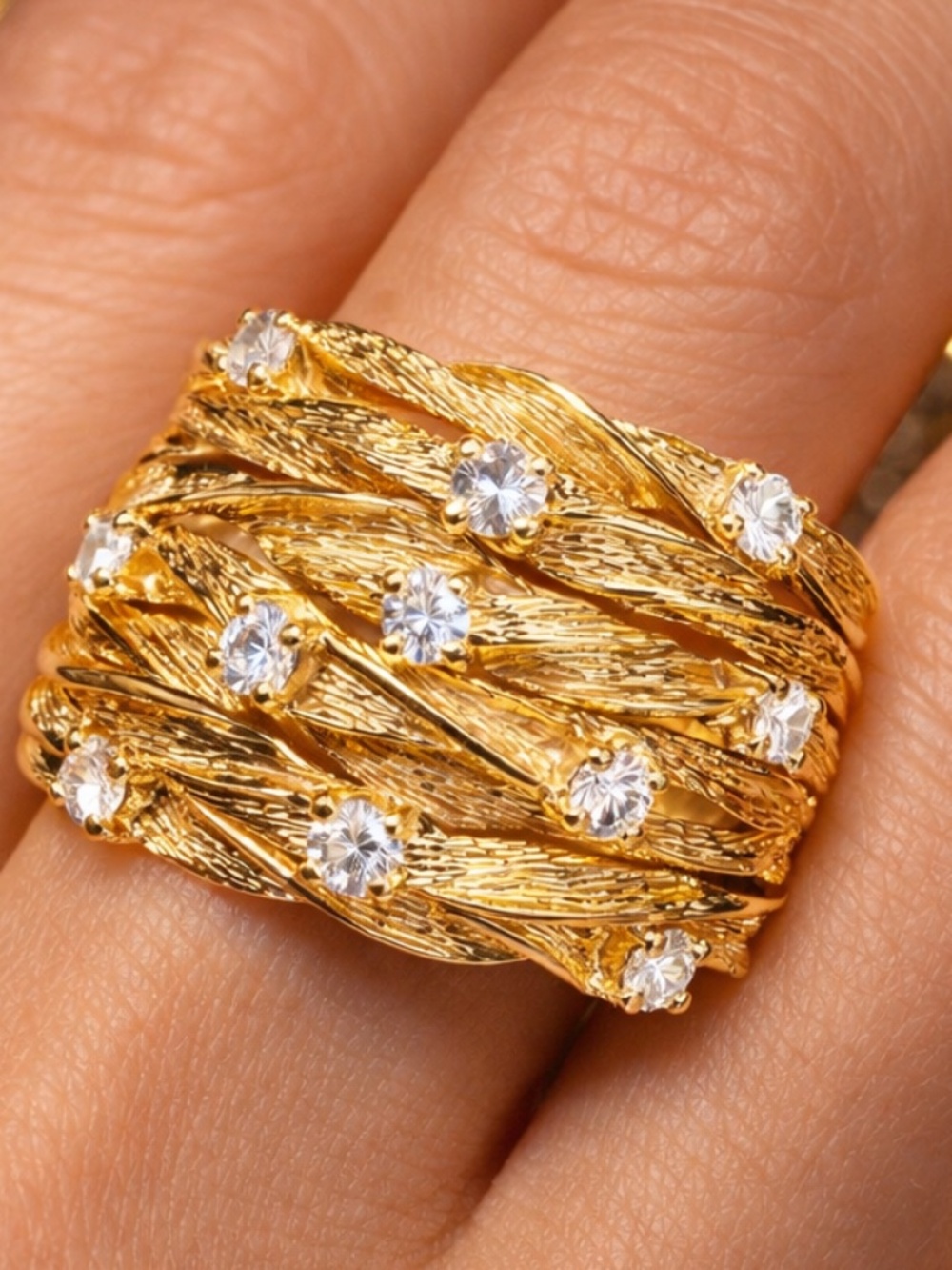 Gold-Tone Braided Multi-Band Ring with Sparkling Accents - Picture 3 of 11